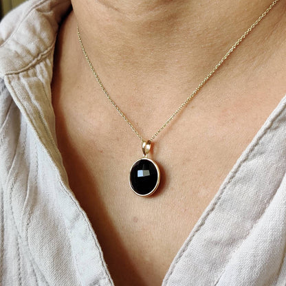 Natural Black Onyx Pendant, 14K Solid Yellow Gold Black Onyx Pendant, Round Pendant, December Birthstone, Christmas Gift, Black Onyx Jewelry