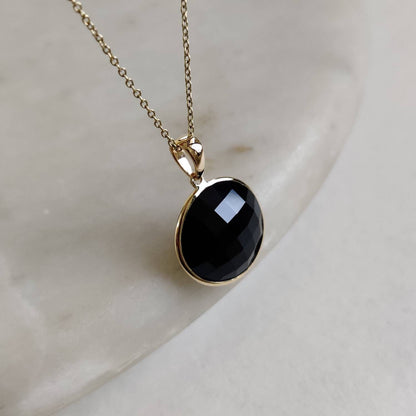 Natural Black Onyx Pendant, 14K Solid Yellow Gold Black Onyx Pendant, Round Pendant, December Birthstone, Christmas Gift, Black Onyx Jewelry