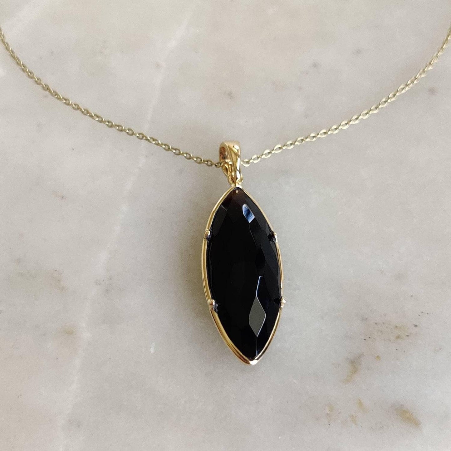 Natural Black Onyx Pendant, 14K Solid Yellow Gold Black Onyx Pendant, December Birthstone Pendant, Christmas Gift, Black Onyx Jewelry