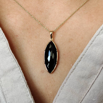 Natural Black Onyx Pendant, 14K Solid Yellow Gold Black Onyx Pendant, December Birthstone Pendant, Christmas Gift, Black Onyx Jewelry