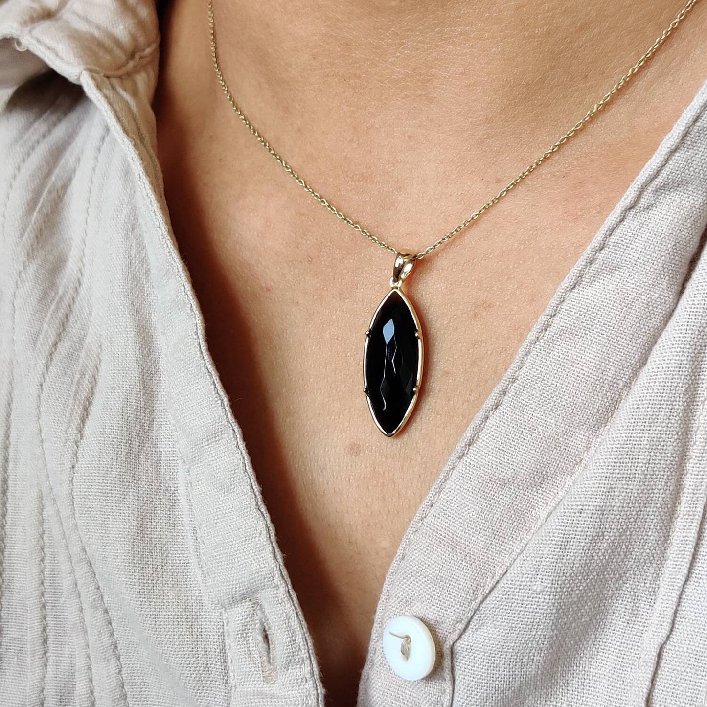 Natural Black Onyx Pendant, 14K Solid Yellow Gold Black Onyx Pendant, December Birthstone Pendant, Christmas Gift, Black Onyx Jewelry