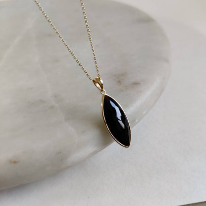 Natural Black Onyx Pendant, 14K Solid Gold Black Onyx Pendant, December Birthstone, Marquoise Pendant, Christmas Gift, Bezel Pendant