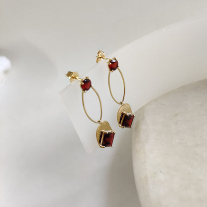 14K Gold Garnet Earrings, Natural Garnet Drop Earrings, 14K Solid Yellow Gold Earrings, January Birthstone, Christmas Gift, Garnet Earring