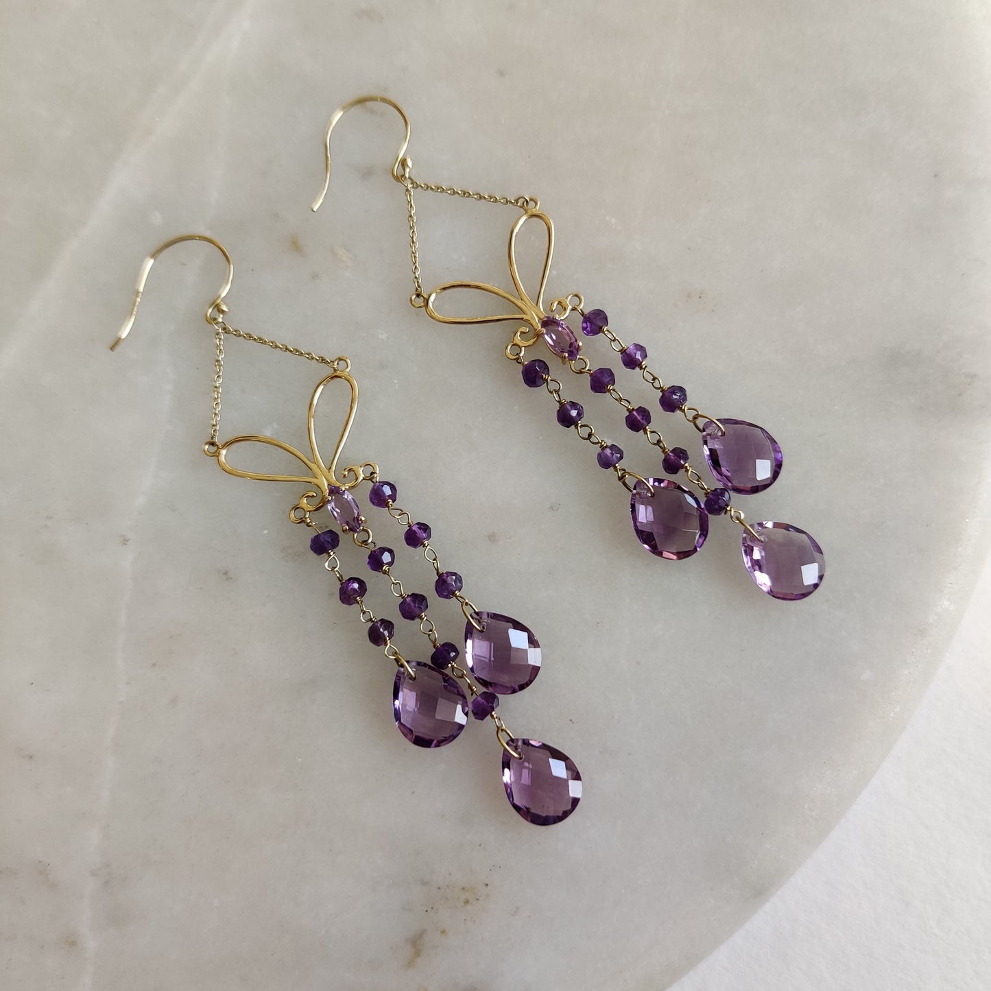 14K Gold Amethyst Earrings, Natural Amethyst Earrings, 14K Solid Yellow Gold Earrings, February Birthstone, Drop Earrings, Christmas Gift