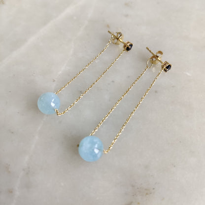 Pendientes de aguamarina en oro de 14 quilates, pendientes de aguamarina natural y zafiro azul, pendientes de oro amarillo macizo de 14 quilates, piedra natal de marzo, regalo de Navidad