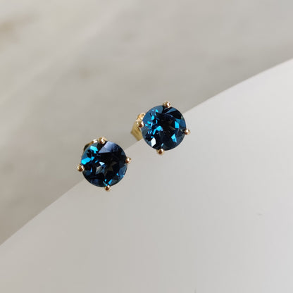 Natural London Blue Topaz Stud Earrings, 14K Solid Yellow Gold London Blue Topaz Earrings, December Birthstone, Birthday Gift, Topaz Jewelry