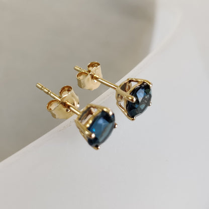 Natural London Blue Topaz Stud Earrings, 14K Solid Yellow Gold London Blue Topaz Earrings, December Birthstone, Birthday Gift, Topaz Jewelry