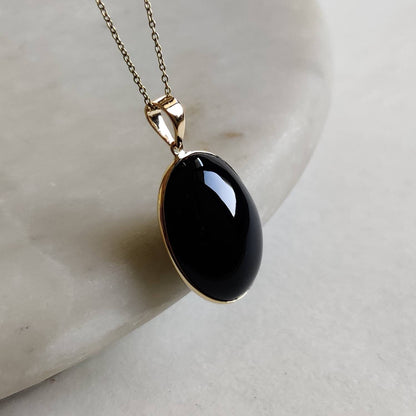 Natural Black Onyx Pendant, 14K Solid Yellow Gold Black Onyx Pendant, Oval Pendant, Bezel Pendant, December Birthstone, Christmas Gift,