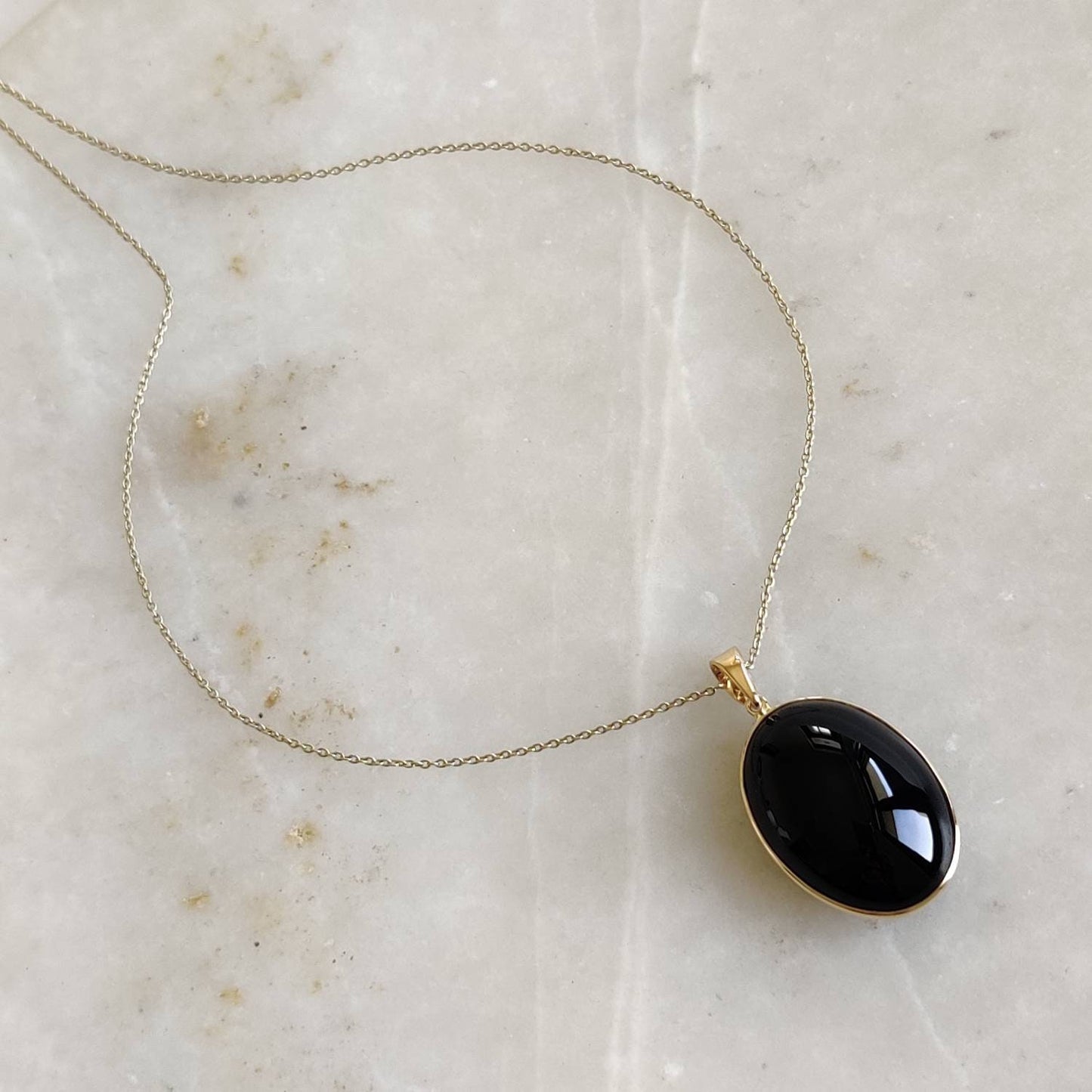 Natural Black Onyx Pendant, 14K Solid Yellow Gold Black Onyx Pendant, Oval Pendant, Bezel Pendant, December Birthstone, Christmas Gift,