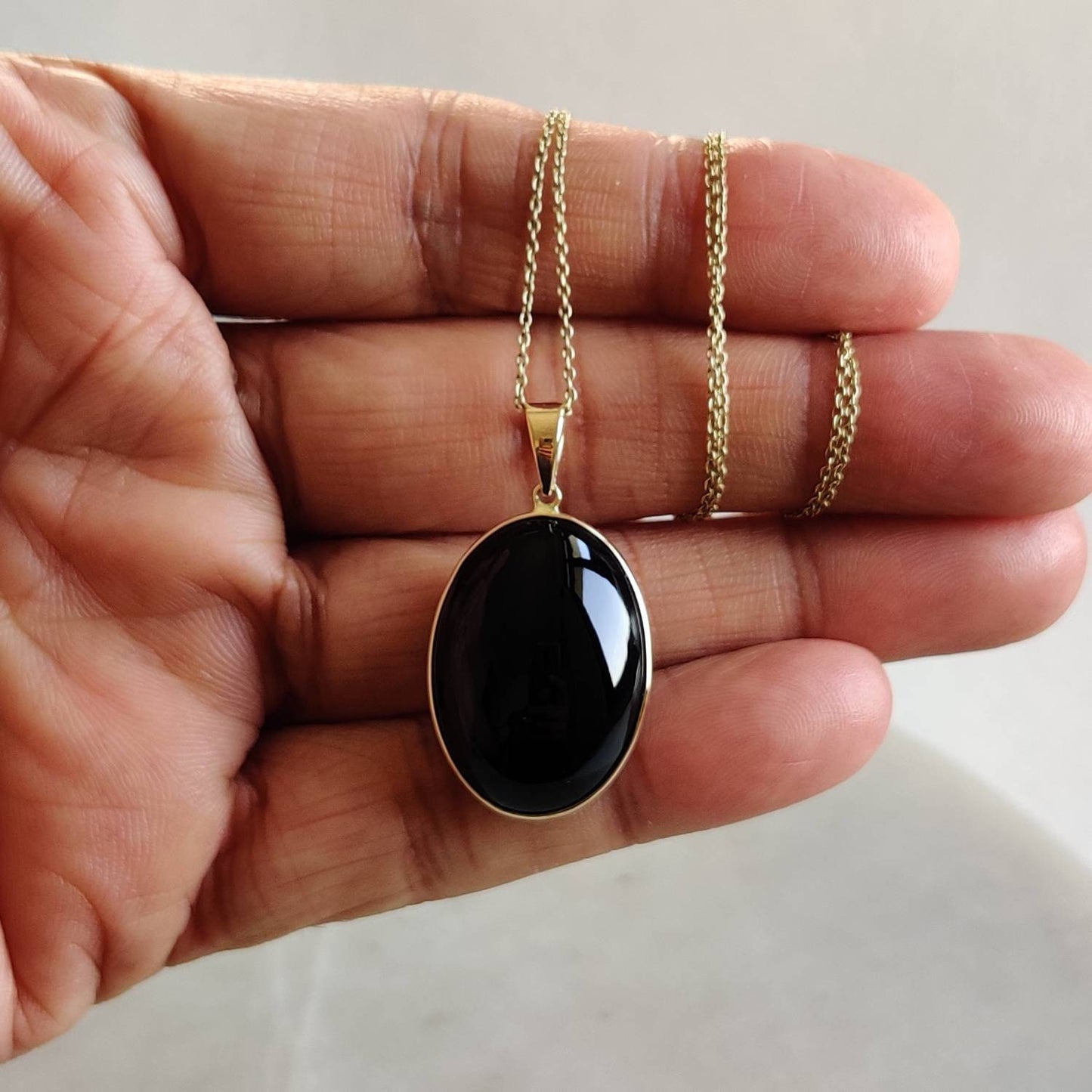 Natural Black Onyx Pendant, 14K Solid Yellow Gold Black Onyx Pendant, Oval Pendant, Bezel Pendant, December Birthstone, Christmas Gift,