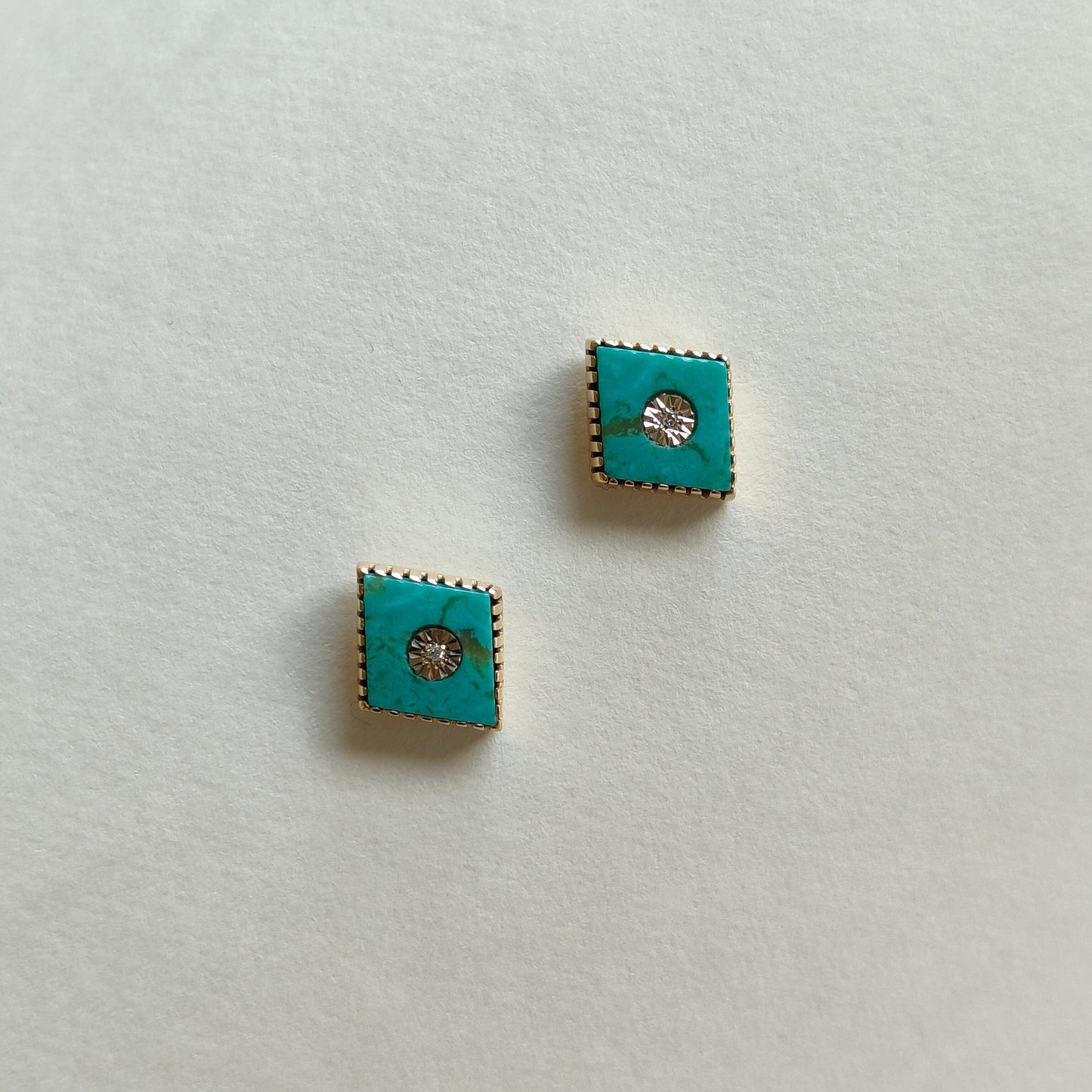 14K Gold Arizona Turquoise Diamond Earring, Natural Turquoise Stud Earring, 14K Solid Yellow Gold Diamond Earrings, December Birthstone