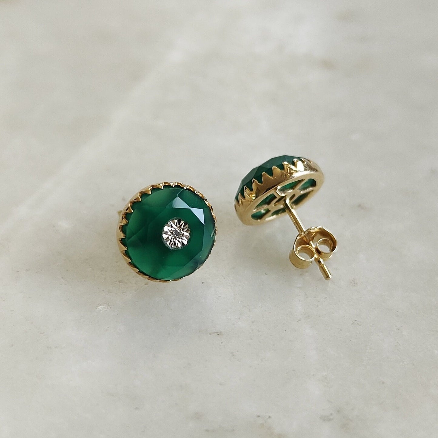 Natural Green Onyx & Diamond Stud Earrings, 14K Solid Yellow Gold Green Onyx Earrings, May Birthstone Earrings, Anniversary Present