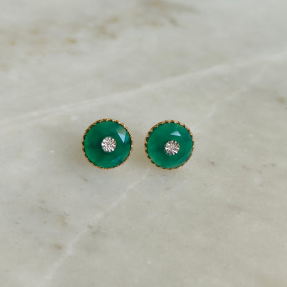 Natural Green Onyx & Diamond Stud Earrings, 14K Solid Yellow Gold Green Onyx Earrings, May Birthstone Earrings, Anniversary Present