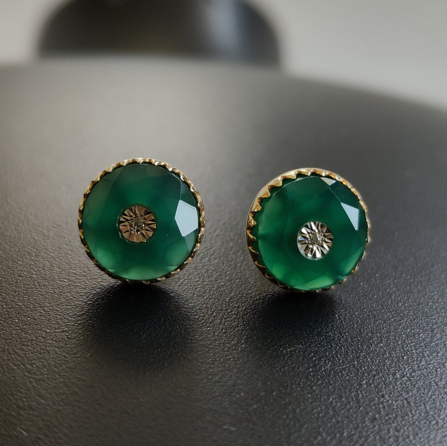 Natural Green Onyx & Diamond Stud Earrings, 14K Solid Yellow Gold Green Onyx Earrings, May Birthstone Earrings, Anniversary Present