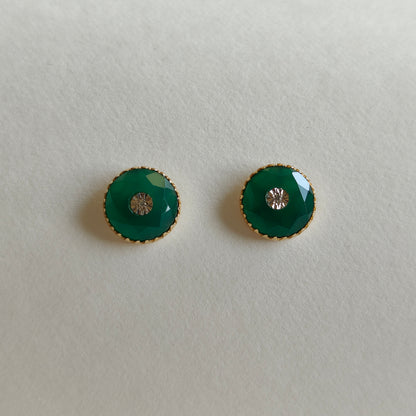 Natural Green Onyx & Diamond Stud Earrings, 14K Solid Yellow Gold Green Onyx Earrings, May Birthstone Earrings, Anniversary Present