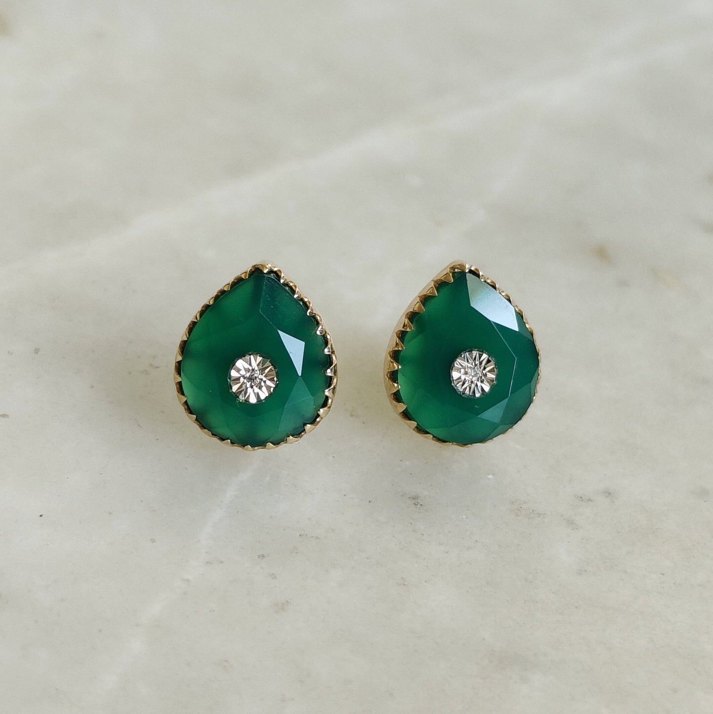 Natural Green Onyx & Diamond Stud Earrings, 14K Solid Yellow Gold Earrings, May April Birthstone Studs, Green Onyx Jewelry, Christmas Gift