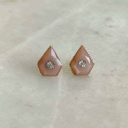 Natural Peach Moonstone Stud Earrings, 14K Solid Yellow Gold Earrings, June Birthstone, Christmas Gift, Peach Moonstone Jewelry