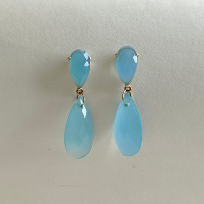 Pendientes de calcedonia azul en oro de 14 quilates, pendientes colgantes de calcedonia azul natural, pendientes de oro amarillo macizo de 14 quilates, piedra natal de marzo, regalo de Navidad