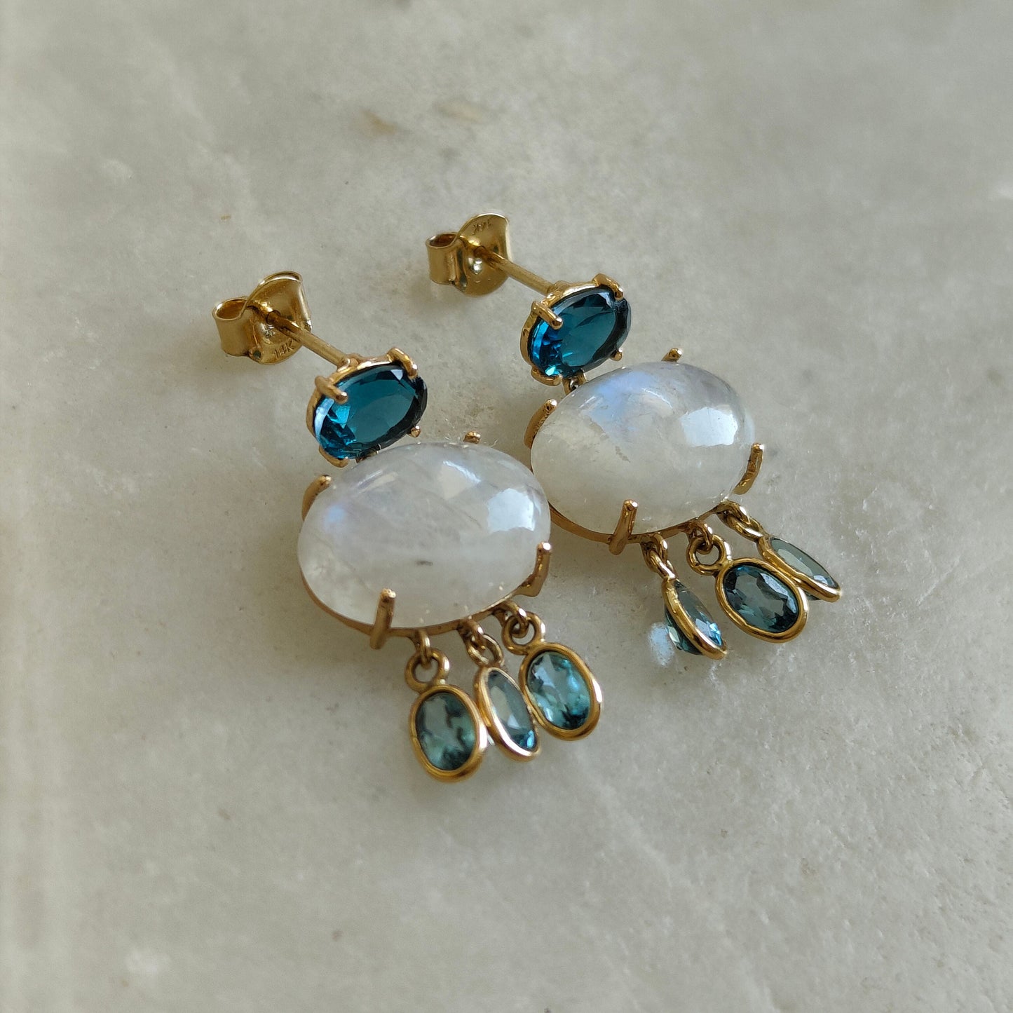 Natural Moonstone & Blue Topaz Stud Earrings, 14K Solid Yellow Gold Moonstone and Topaz Earrings, June Birthstone Earrings, Christmas Gift