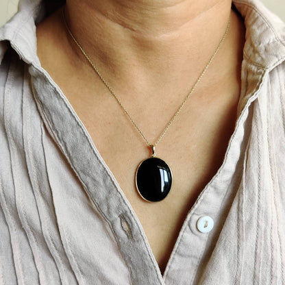 Natural Black Onyx Pendant, 14K Solid Yellow Gold Black Onyx Pendant, December Birthstone Pendant, Christmas Gift, Black Onyx Jewelry