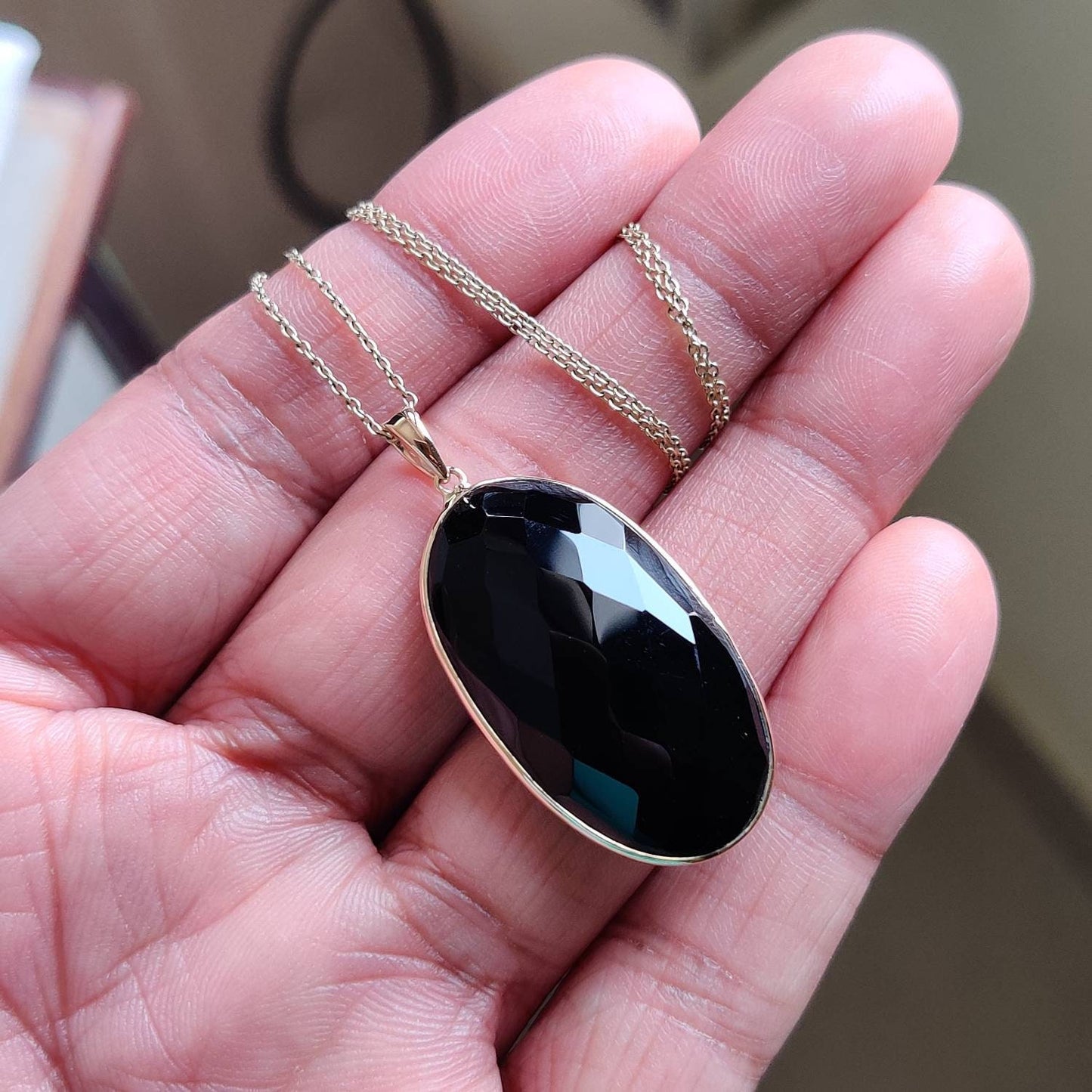 Natural Black Onyx Pendant, 14K Solid Gold Black Onyx Pendant, Solid Gold Pendant Necklace, December Birthstone, Christmas Gift