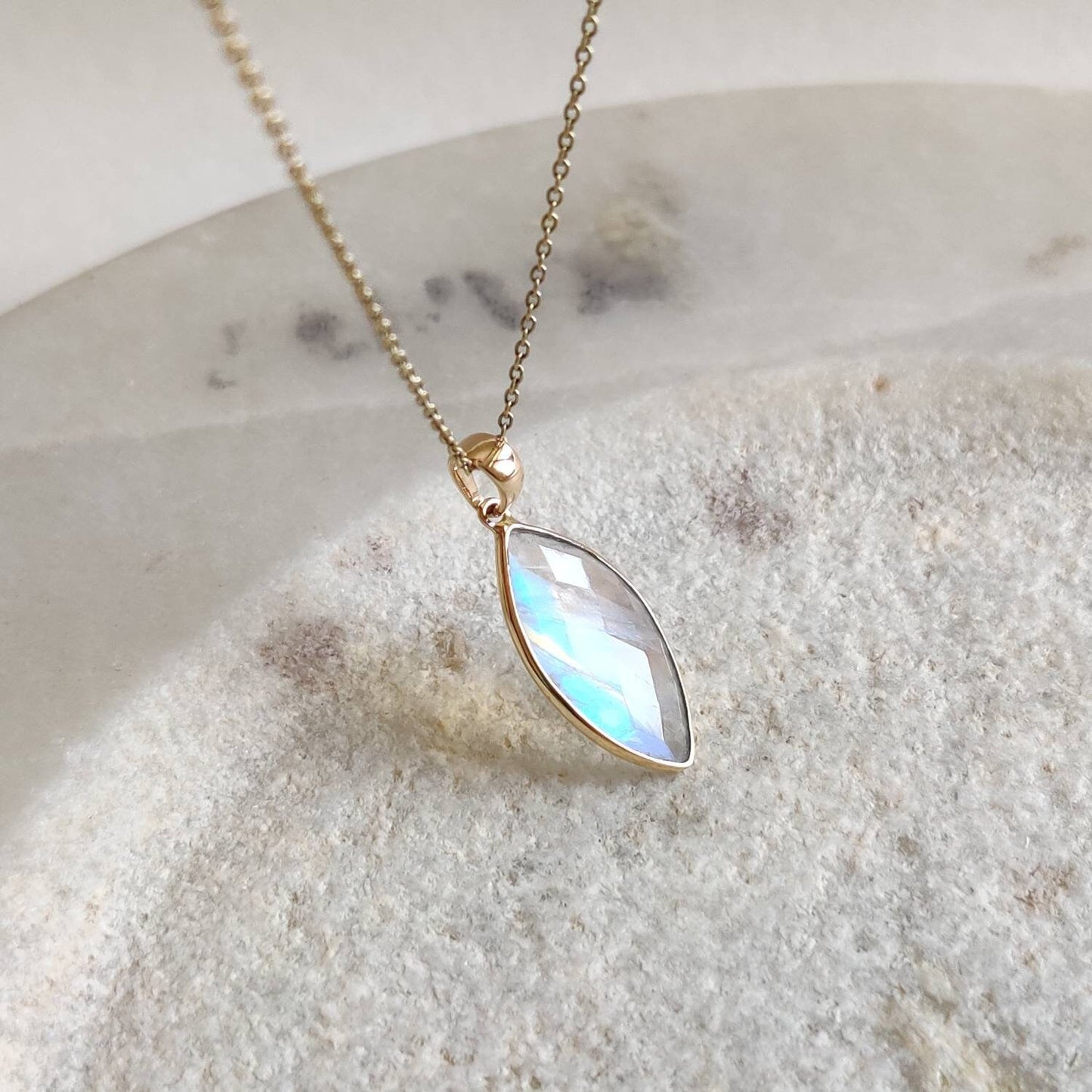 Natural Rainbow Moonstone Necklace, 14K Solid Yellow Gold Rainbow Moonstone Pendant, Blue Moonstone Jewelry, June Birthstone