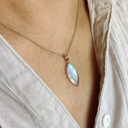 Natural Rainbow Moonstone Necklace, 14K Solid Yellow Gold Rainbow Moonstone Pendant, Blue Moonstone Jewelry, June Birthstone