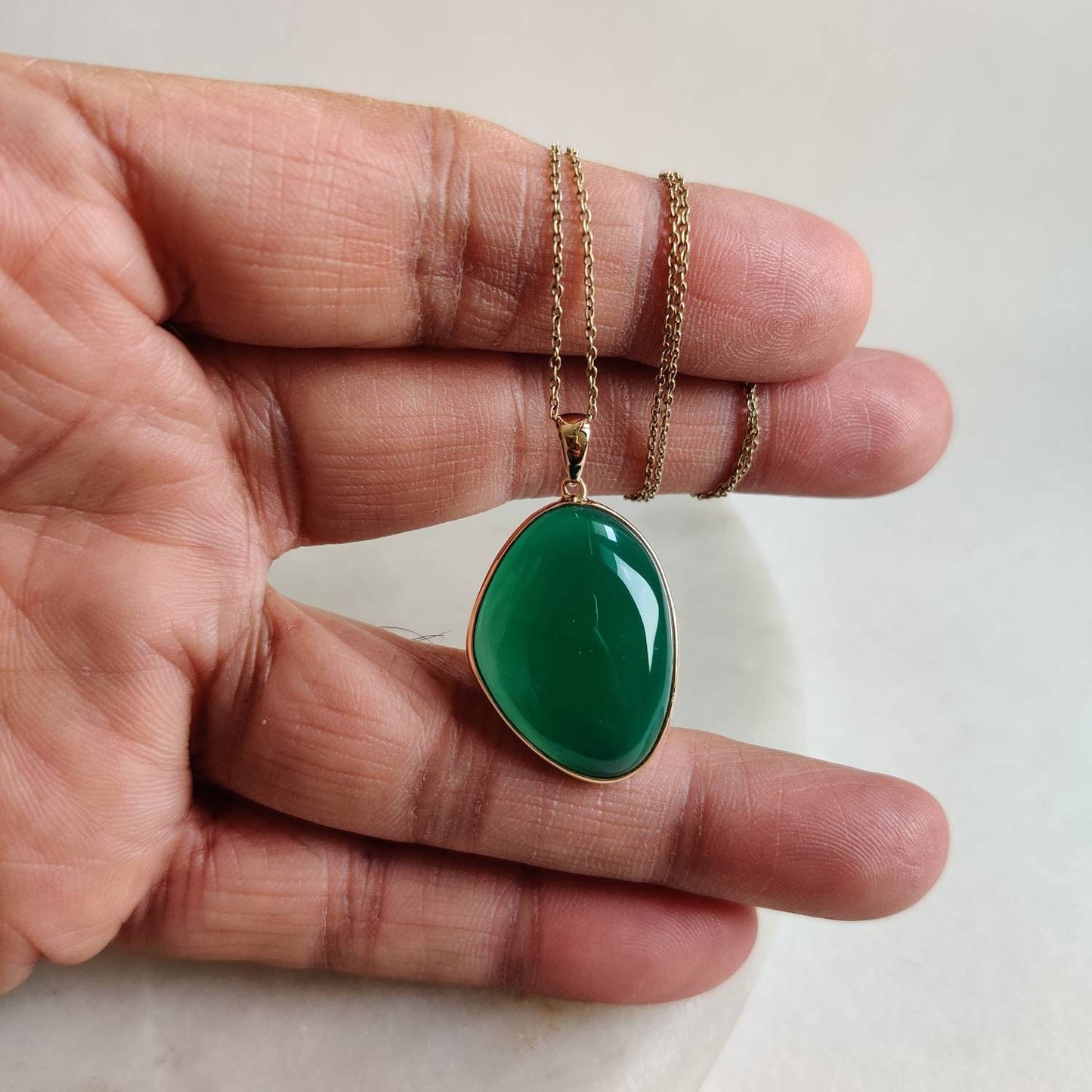 Natural Green Onyx Pendant, 14K Solid Gold Green Onyx Pendant, Yellow Gold Bezel Pendant, May Birthstone, Christmas Gift, Green Onyx Jewelry