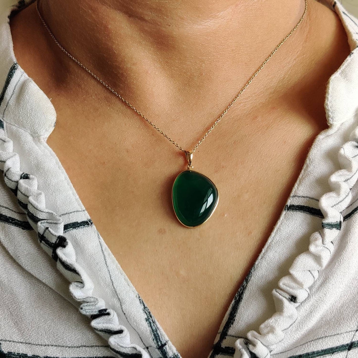 Natural Green Onyx Pendant, 14K Solid Yellow Gold Green Onyx Pendant, Bezel Pendant, May Birthstone, Christmas Gift, Green Onyx Jewelry