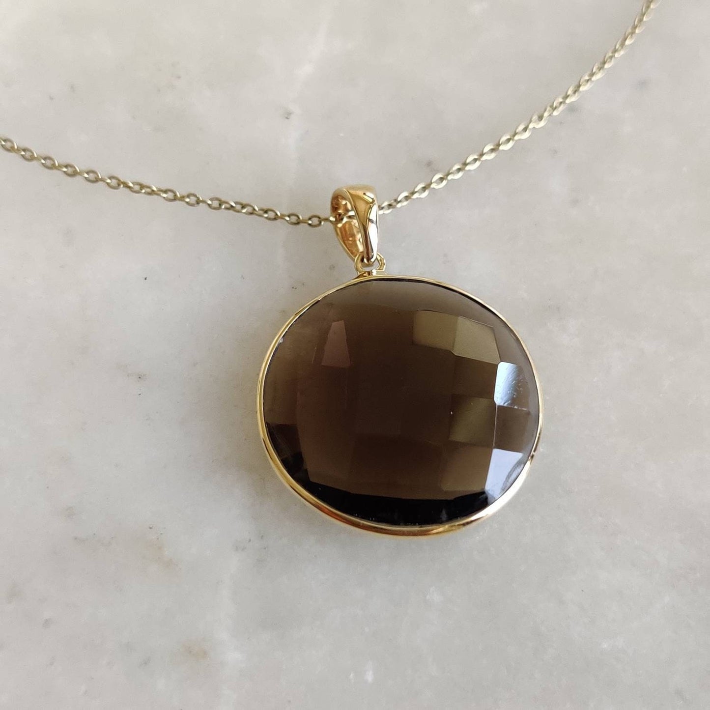 Natural Smoky Quartz Pendant, 14K Solid Yellow Gold Smoky Quartz Pendant, Solid Gold Round Bezel Pendant , June Birthstone, Christmas Gift