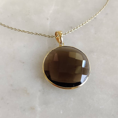 Natural Smoky Quartz Pendant, 14K Solid Yellow Gold Smoky Quartz Pendant, Solid Gold Round Bezel Pendant , June Birthstone, Christmas Gift