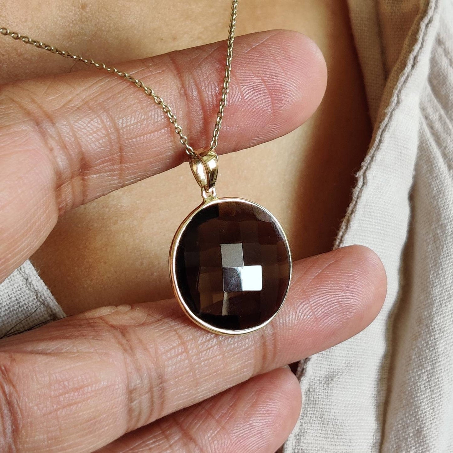 Natural Smoky Quartz Pendant, 14K Solid Yellow Gold Smoky Quartz Pendant, Solid Gold Round Bezel Pendant , June Birthstone, Christmas Gift