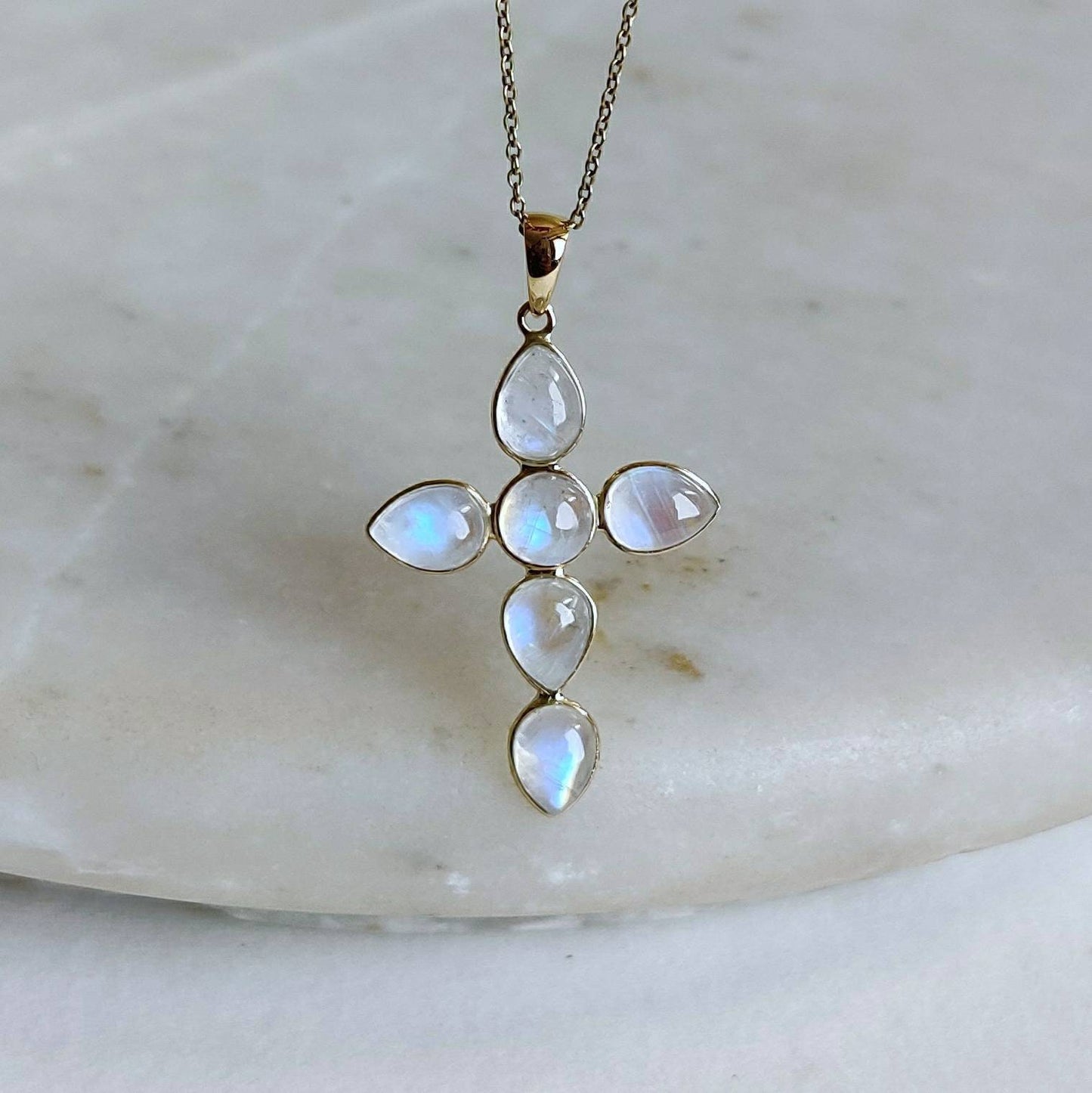 Natural Rainbow Moonstone Pendant, Moonstone Cross Pendant, 14K Solid Gold Moonstone Cross Pendant, Blue Moonstone Jewelry, June Birthstone