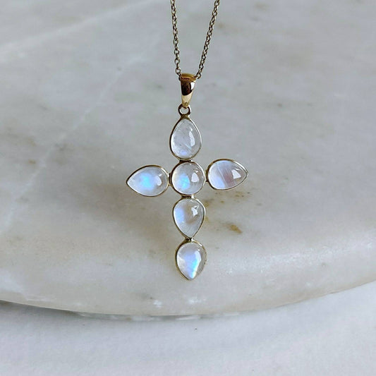 Natural Rainbow Moonstone Pendant, Moonstone Cross Pendant, 14K Solid Gold Moonstone Cross Pendant, Blue Moonstone Jewelry, June Birthstone