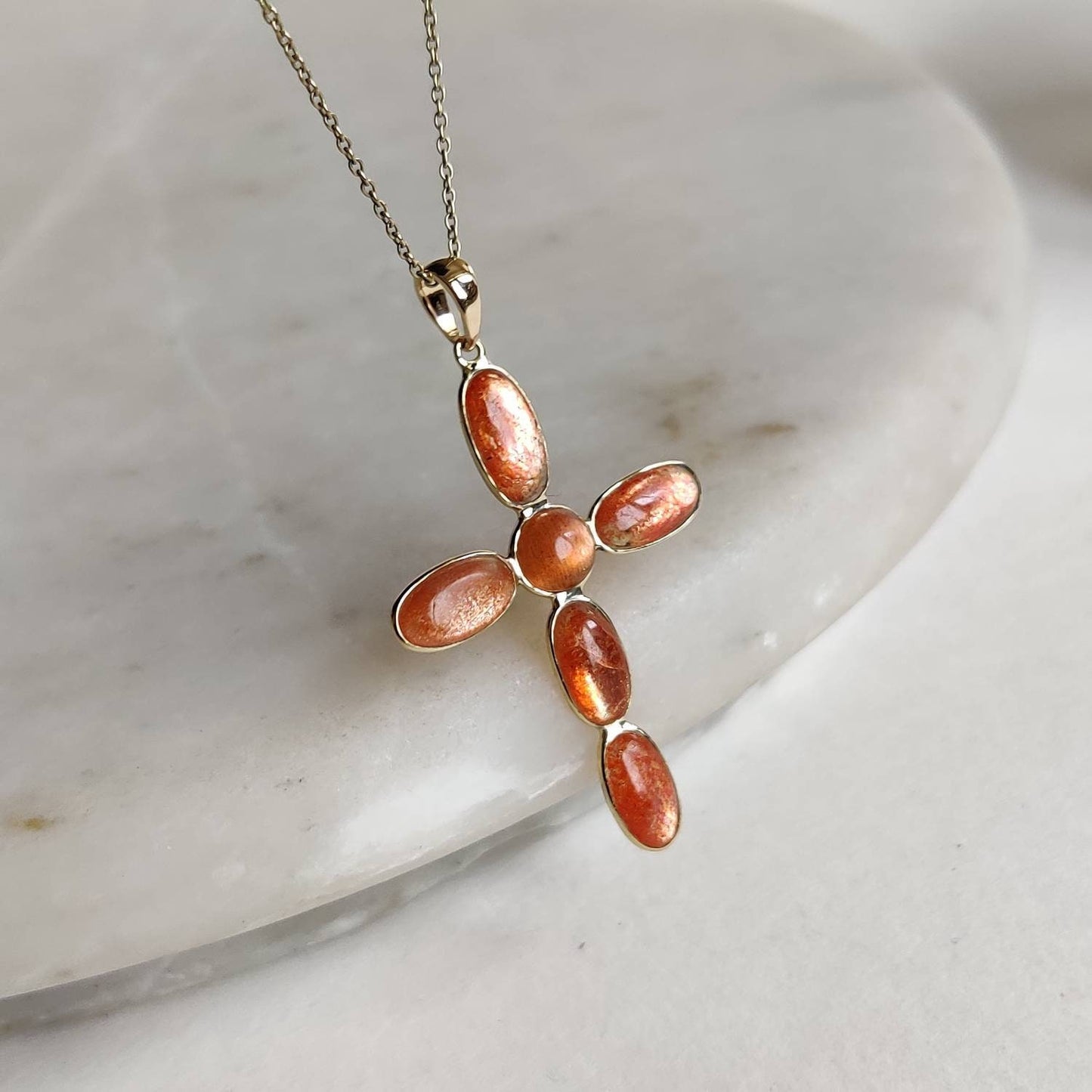 Natural Sunstone Pendant, Holy Cross Pendant, 14K Solid Gold Sunstone Cross Pendant, Feldspar Crystal Pendant, July August Birthstone