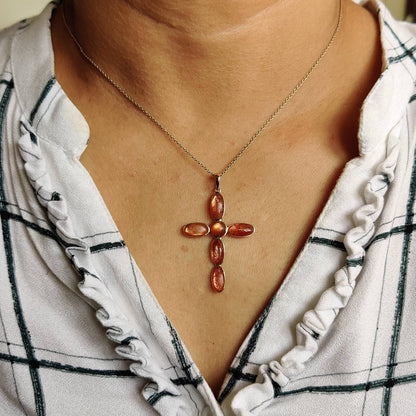 Natural Sunstone Pendant, Holy Cross Pendant, 14K Solid Gold Sunstone Cross Pendant, Feldspar Crystal Pendant, July August Birthstone