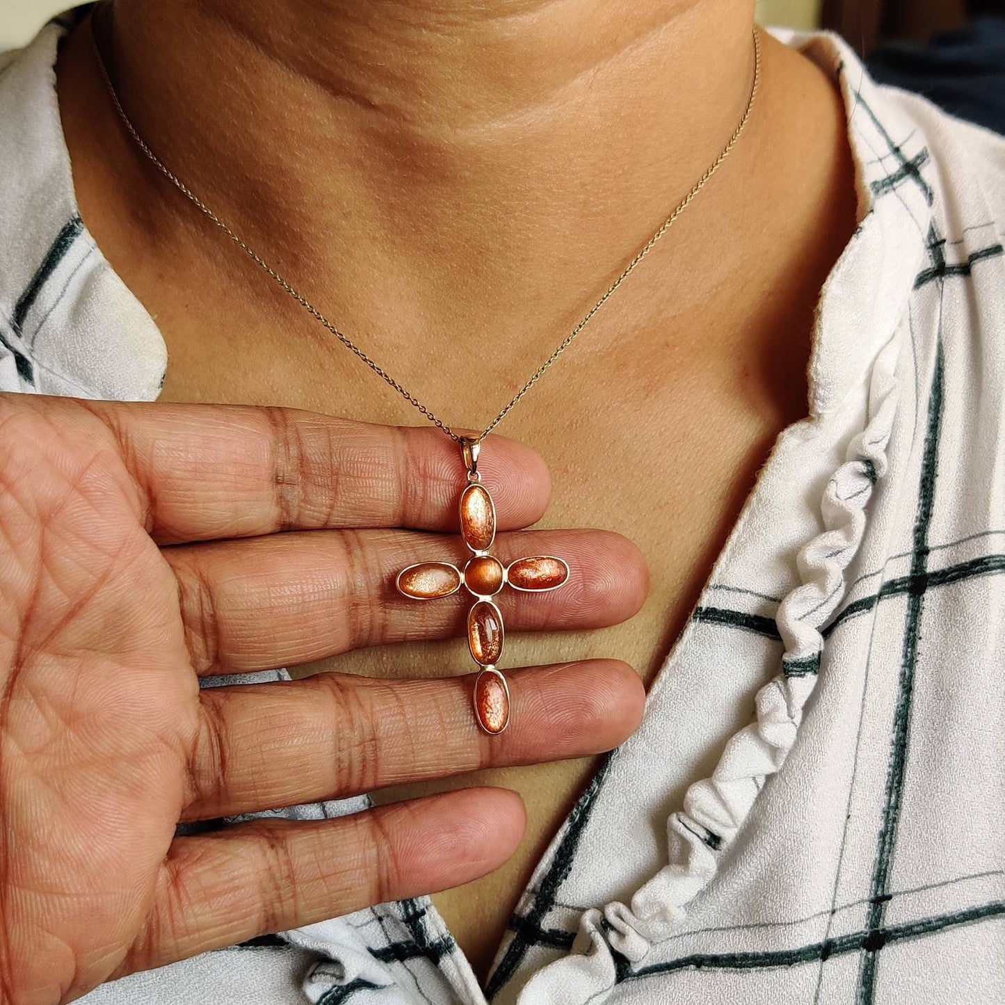 Natural Sunstone Pendant, Holy Cross Pendant, 14K Solid Gold Sunstone Cross Pendant, Feldspar Crystal Pendant, July August Birthstone