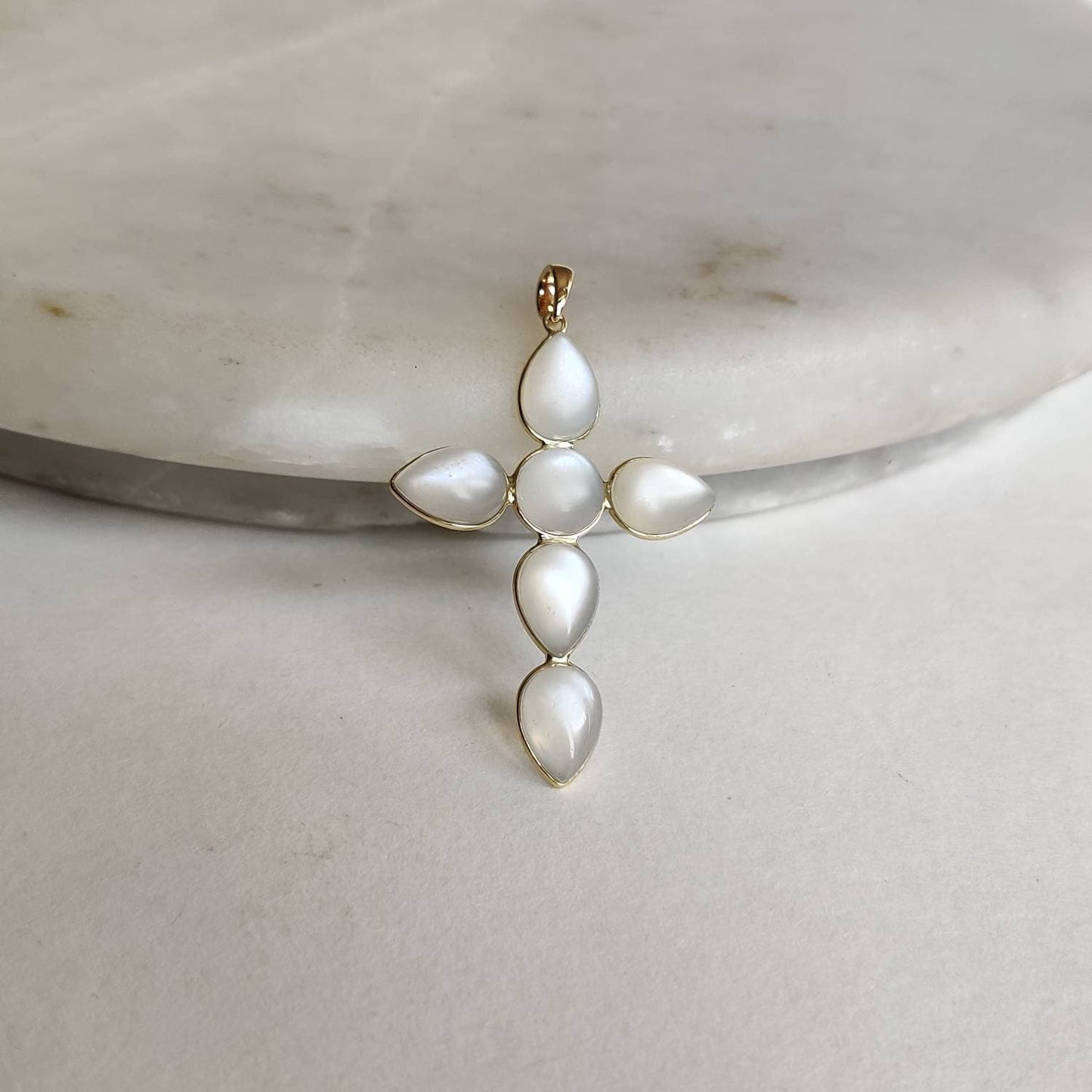 Natural White Moonstone Pendant, 14K Solid Yellow Gold Moonstone Pendant, Cross Pendant, June Birthstone, Christmas Gift, Moonstone Jewelry