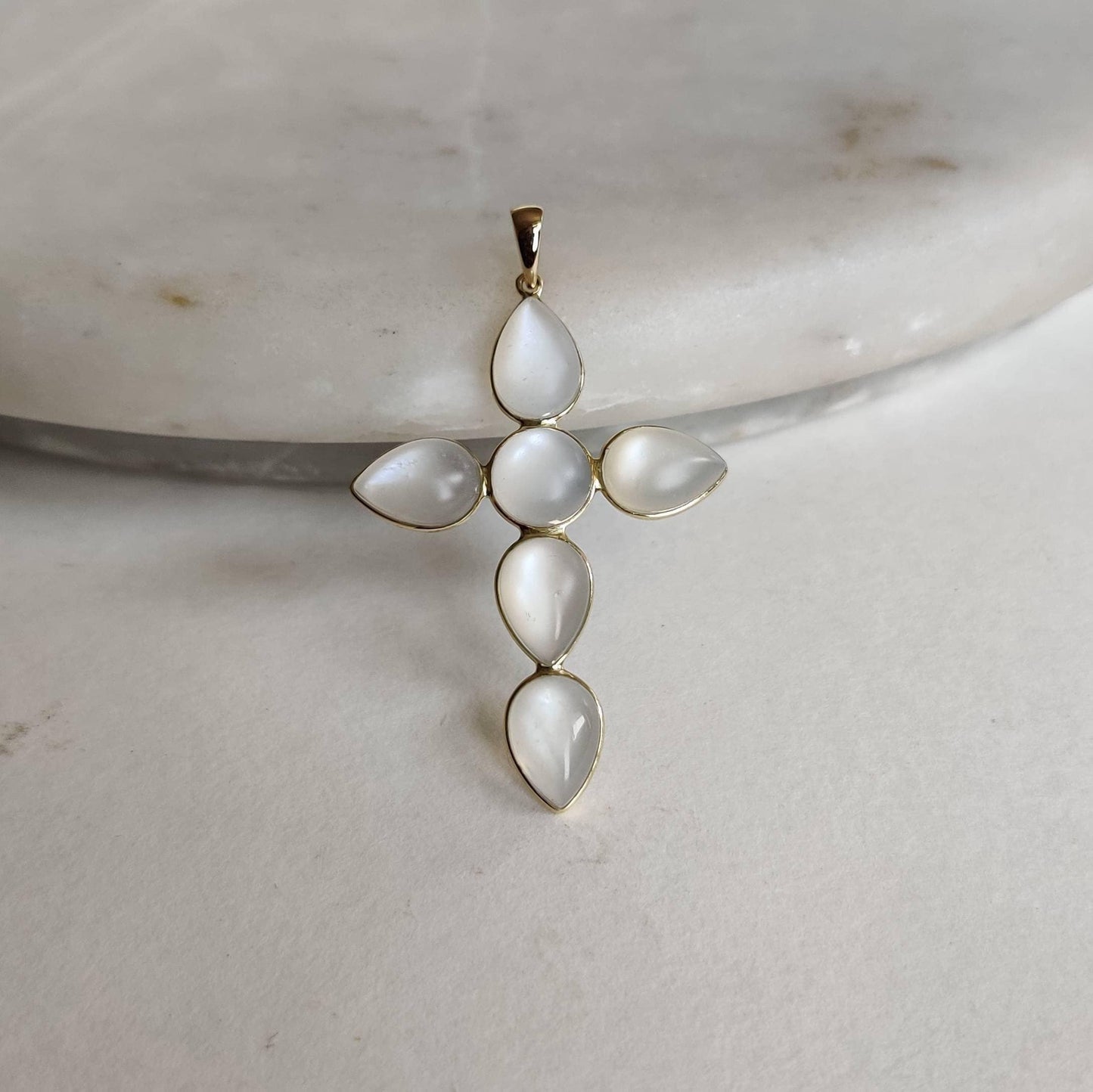 Natural White Moonstone Pendant, 14K Solid Yellow Gold Moonstone Pendant, Cross Pendant, June Birthstone, Christmas Gift, Moonstone Jewelry