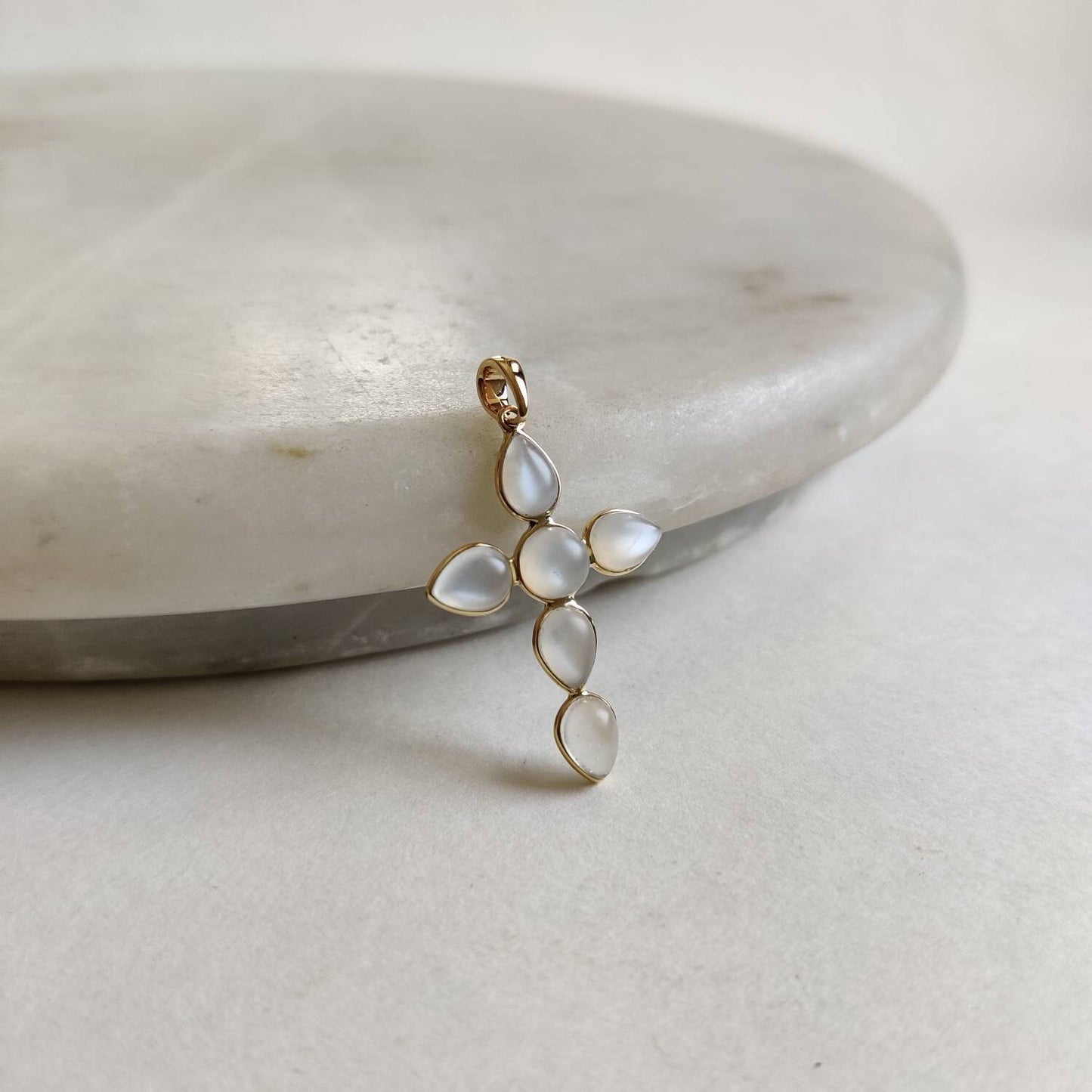 Natural White Moonstone Pendant, 14K Solid Yellow Gold Moonstone Pendant, Cross Pendant, June Birthstone, Christmas Gift, Moonstone Jewelry