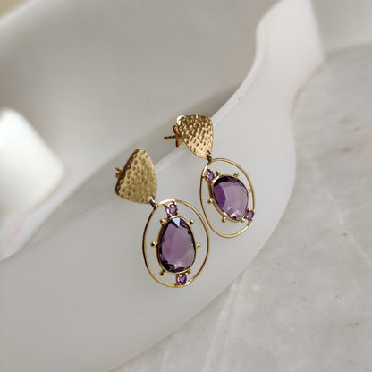 14K Gold Purple Amethyst Earrings, Natural Purple Amethyst  Earrings, 14K Solid Yellow Gold Earrings, February Birthstone, Christmas Gift