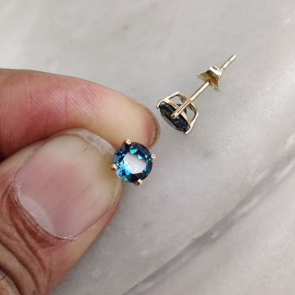 Natural London Blue Topaz Stud Earrings, 14K Solid Yellow Gold London Blue Topaz Earrings, December Birthstone, Birthday Gift, Topaz Jewelry