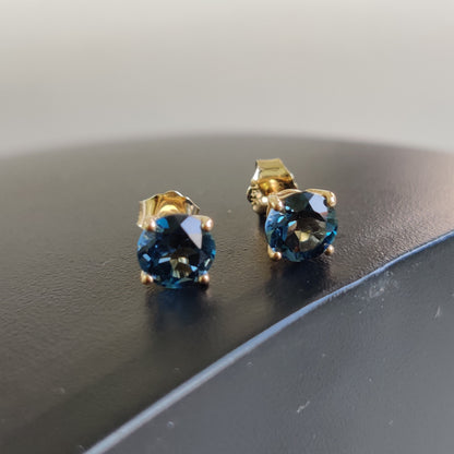 Natural London Blue Topaz Stud Earrings, 14K Solid Yellow Gold London Blue Topaz Earrings, December Birthstone, Birthday Gift, Topaz Jewelry