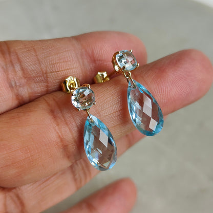 14K Gold Sky Blue Topaz Earrings, Natural Sky Blue Topaz Stud Earrings, 14K Solid Yellow Gold Earrings, December Birthstone, Christmas Gift