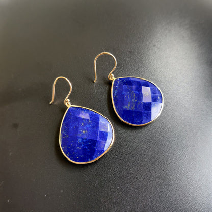 Natural Lapis Lazuli Earrings, 14K Solid Yellow Gold Earrings, Bezel Set Earrings, September Birthstone Drop Earrings, Christmas Present