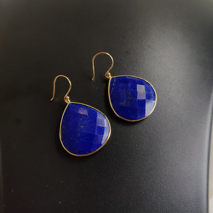 Natural Lapis Lazuli Earrings, 14K Solid Yellow Gold Earrings, Bezel Set Earrings, September Birthstone Drop Earrings, Christmas Present