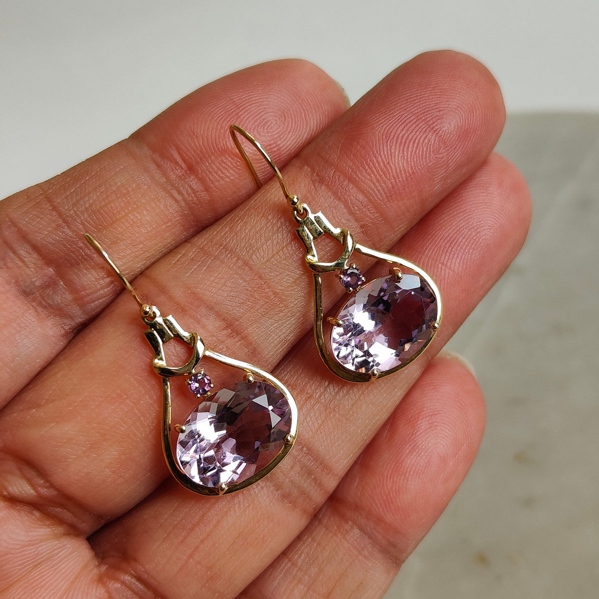 Natural Pink Amethyst Earrings, 14K Solid Yellow Gold, February Birthstone