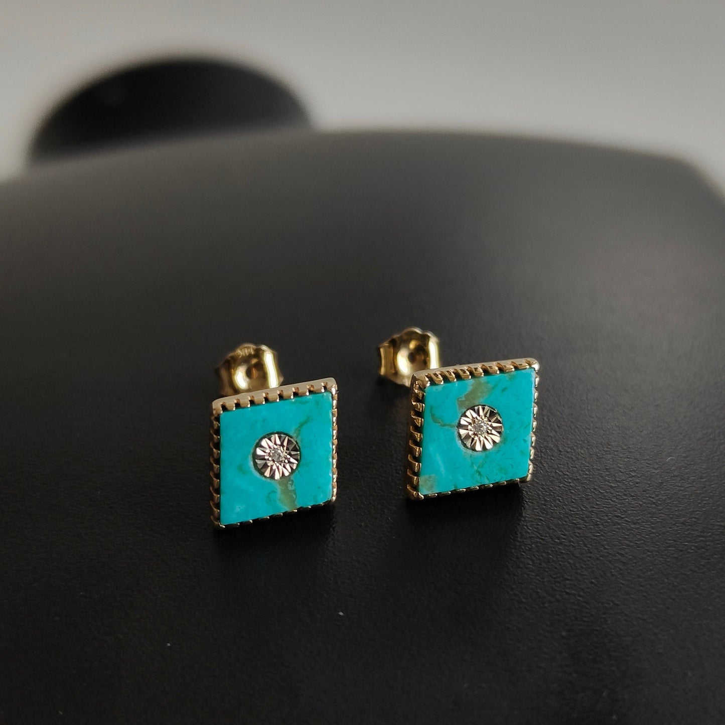 14K Gold Arizona Turquoise Diamond Earring, Natural Turquoise Stud Earring, 14K Solid Yellow Gold Diamond Earrings, December Birthstone