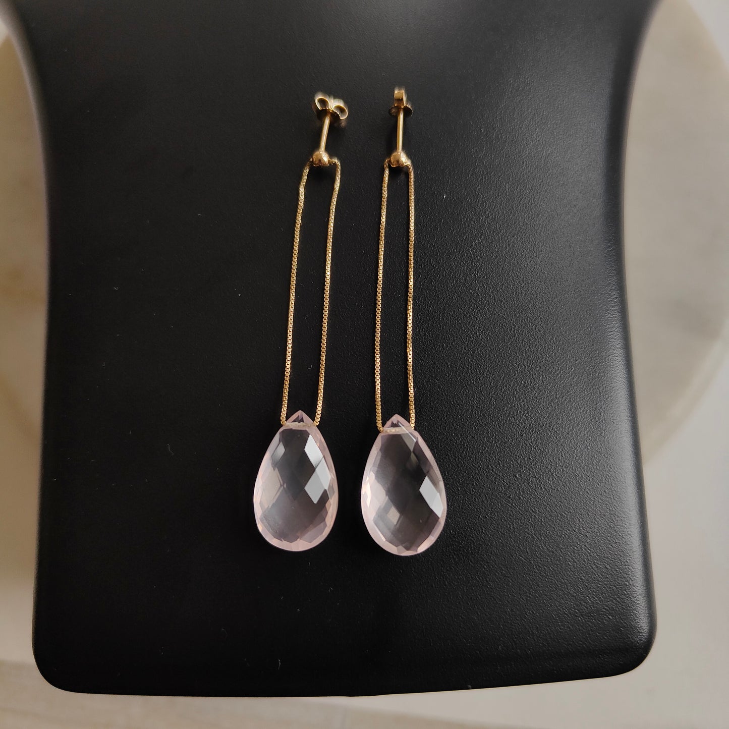 Pendientes de cuarzo rosa natural, pendientes de cuarzo rosa de oro amarillo macizo de 14 quilates, pendientes con piedra de nacimiento de enero, pendientes de pera, regalo de Navidad