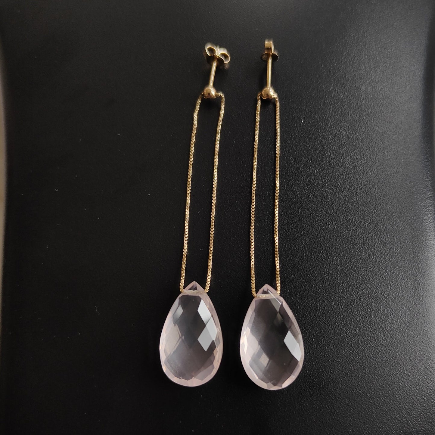 Pendientes de cuarzo rosa natural, pendientes de cuarzo rosa de oro amarillo macizo de 14 quilates, pendientes con piedra de nacimiento de enero, pendientes de pera, regalo de Navidad